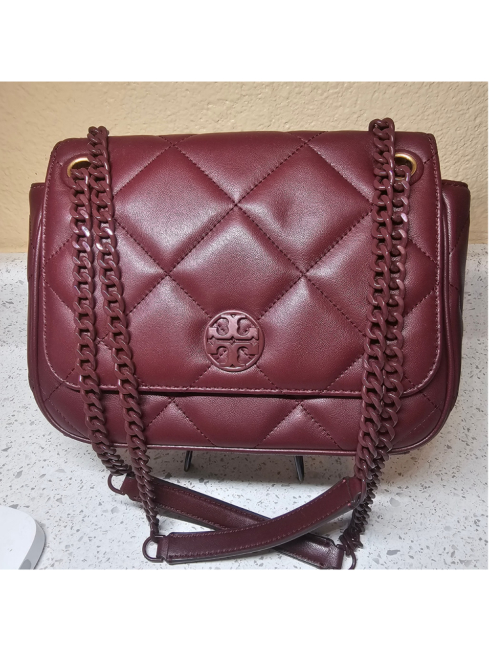 Tory Burch Kira Quilted Convertible Shoulder Bag Burgundy Leather